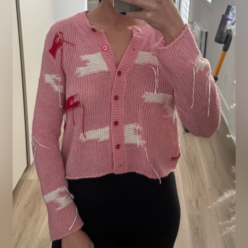Zara Pink and Red Knit Cardigan